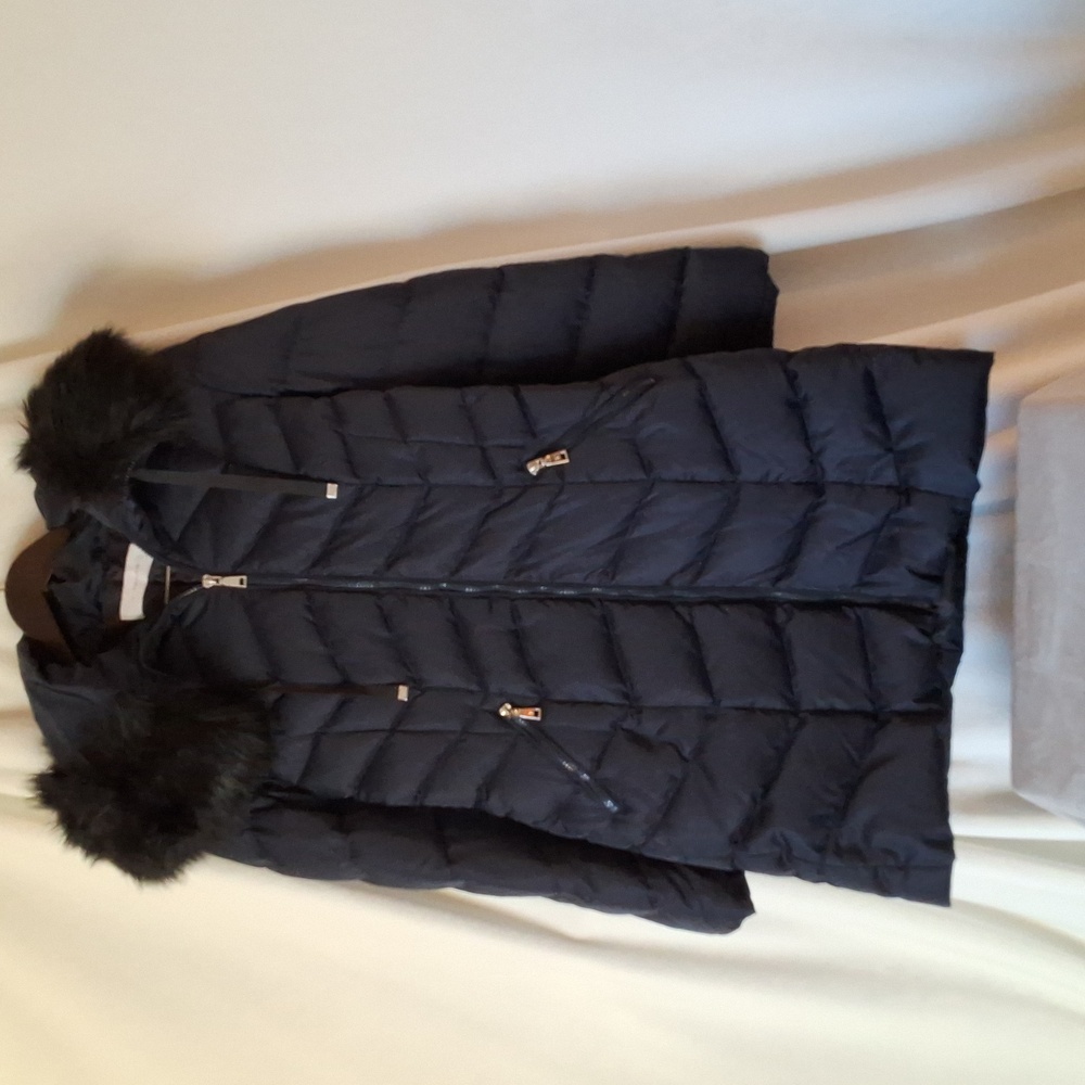 T Tahari Satin Navy Blue Parka W/Faux Fur Trimmed Hood NWOT!!